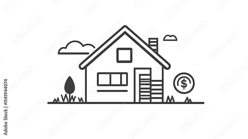 Fototapeta premium Minimalist house icon with a stack of coins on plain white background 