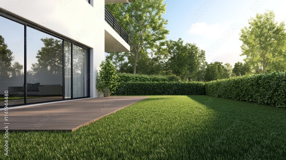 Modern house with green lawn, deck, trees. Modern house with green lawn, deck, trees.