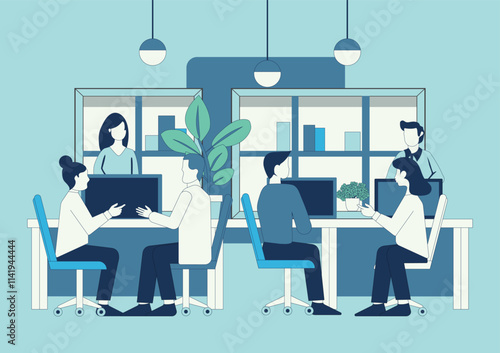 Office workers sitting at desks and communicating.