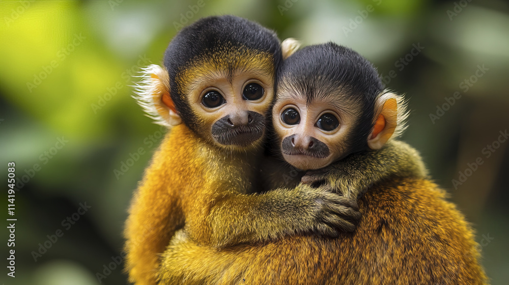 Obraz premium Adorable baby monkeys embracing each other in lush green setting