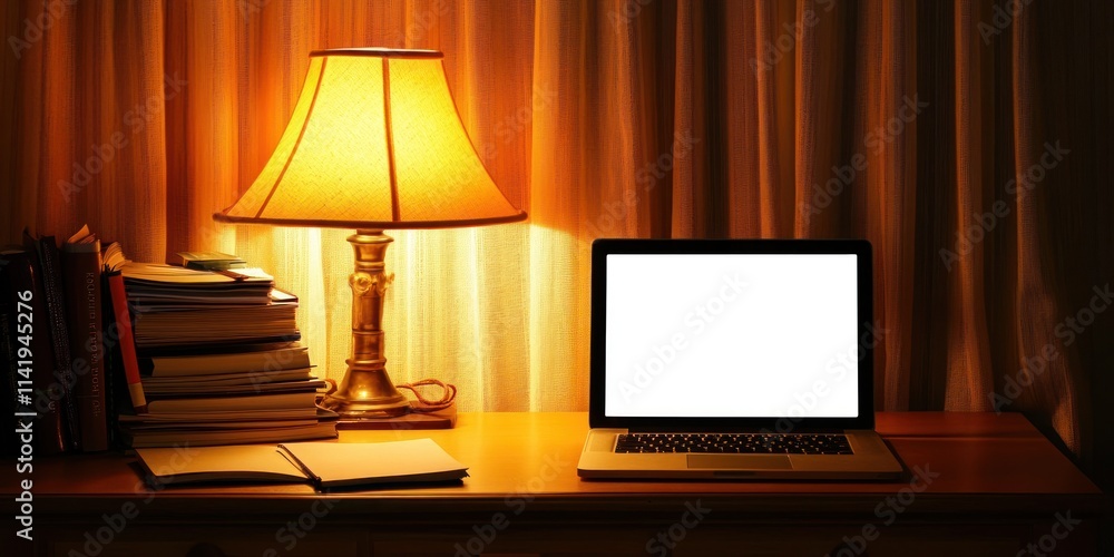 Lit lamp, laptop, and books on desk. Lit lamp, laptop, and books on desk.