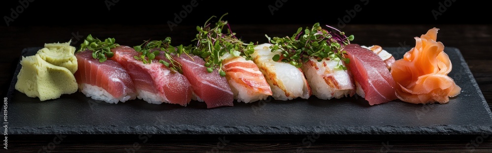 Sushi on stone plate, wasabi, ginger, and sprouts on top. Sushi on stone plate, wasabi, ginger, and sprouts on top.