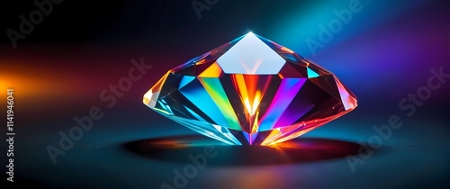 Diamond facet reflecting its surroundings with light breaking into a spectrum of vibrant hues photo