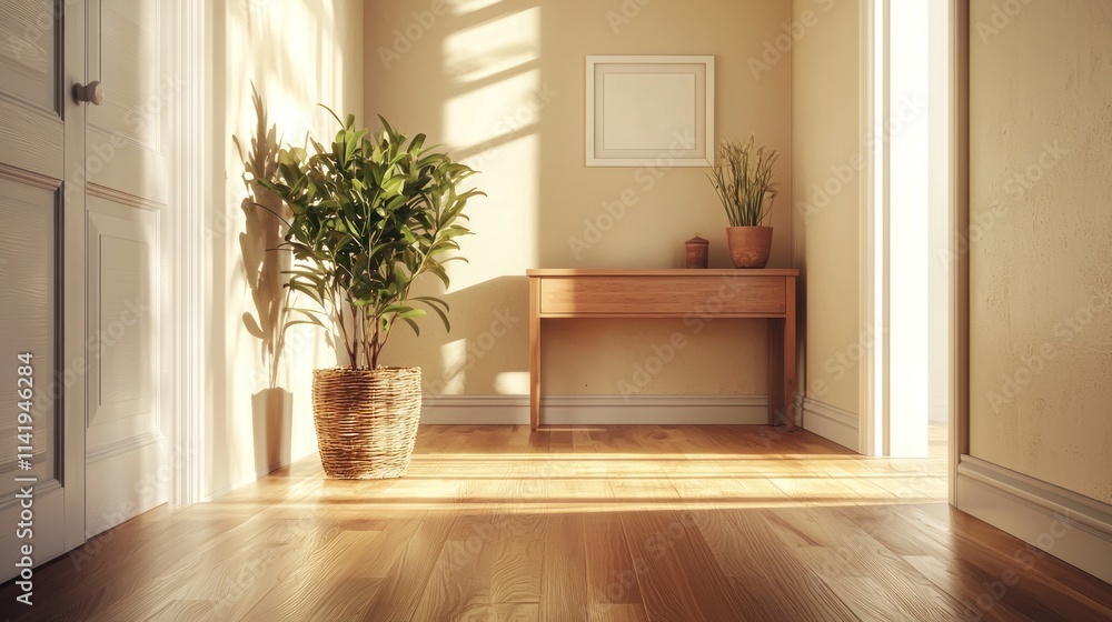 Sunlit indoor hallway with potted plant and wood furniture. Sunlit indoor hallway with potted plant and wood furniture.