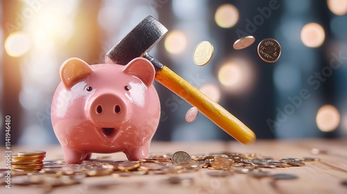 Income family concept. A piggy bank with a hammer about to break it, surrounded by scattered coins and a sparkling background, symbolizes savings and financial challenges. photo