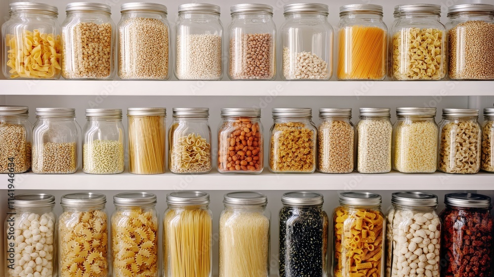 Glass Jars Filled With Various Dried Foods On Shelves Glass Jars Filled With Various Dried Foods On Shelves