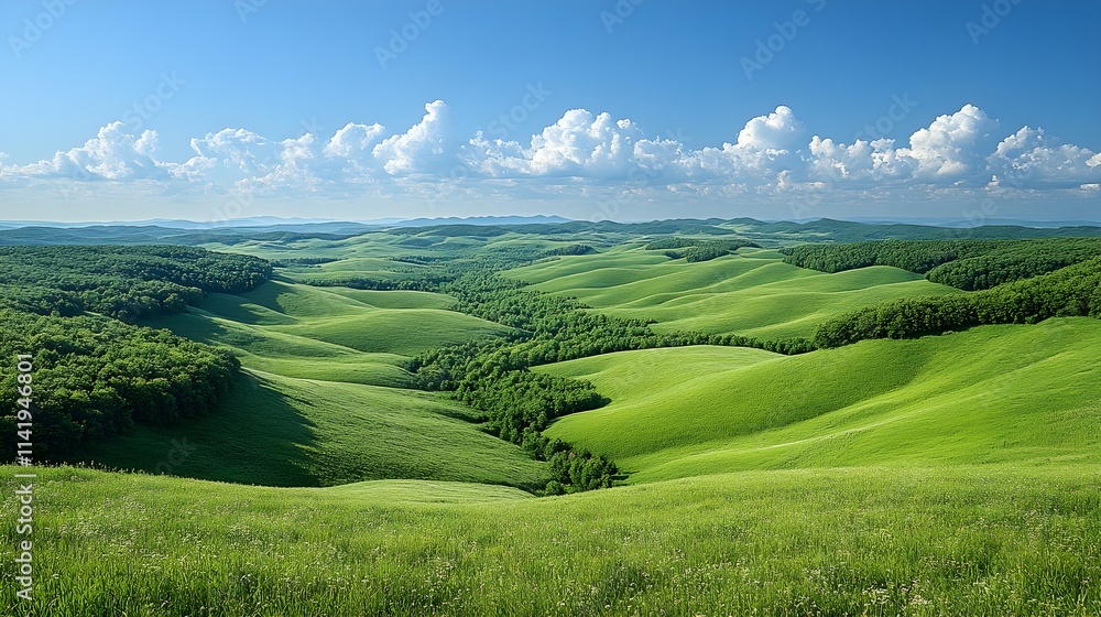 Fototapeta premium A vast, serene landscape of rolling green hills under a clear blue sky dotted with fluffy clouds.