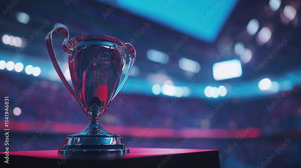 Shiny trophy cup on a pedestal in a stadium with an out-of-focus background. Shiny trophy cup on a pedestal in a stadium with an out-of-focus background.