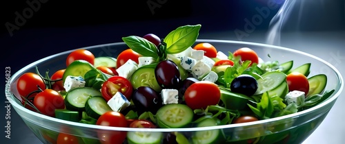 Dynamic image of a salad being tossed in a glass bowl showcasing vibrant greens cherry tomatoes cucumbers olives and feta cheese midmotion photo