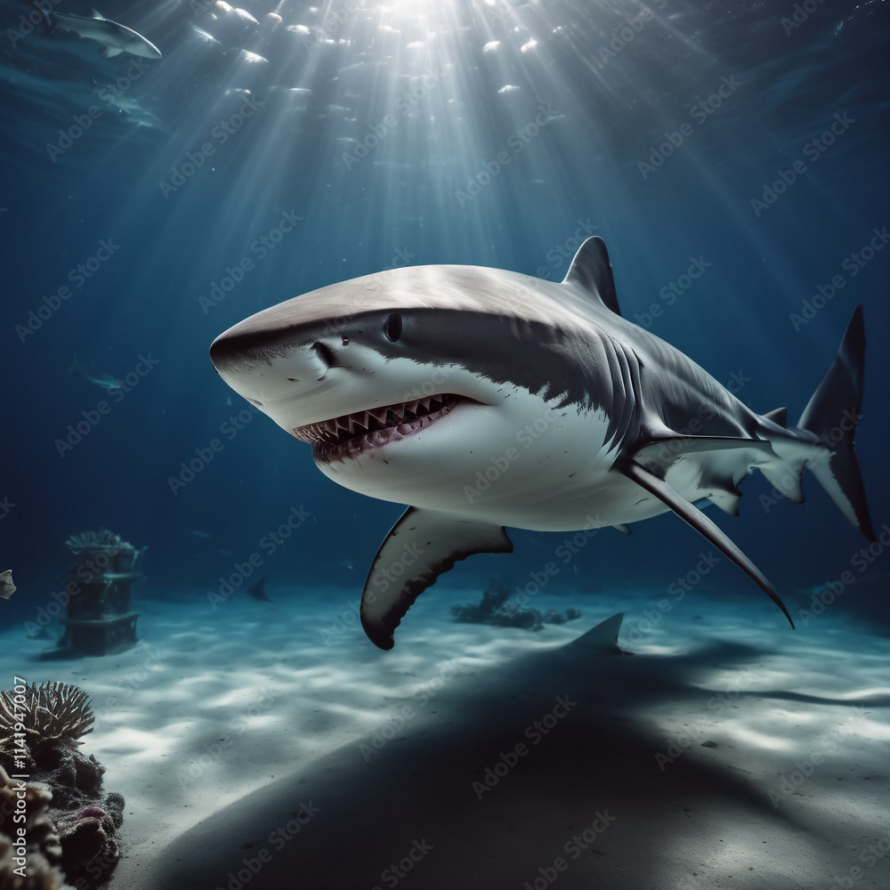 Naklejka premium Meeresbewohner - Hai schwimmt durch einsame Tiefen