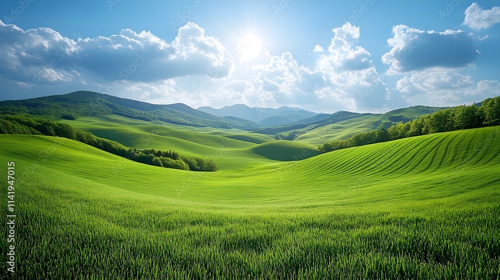Obraz premium A serene landscape featuring rolling green hills under a bright blue sky, dotted with fluffy clouds and illuminated by sunlight.