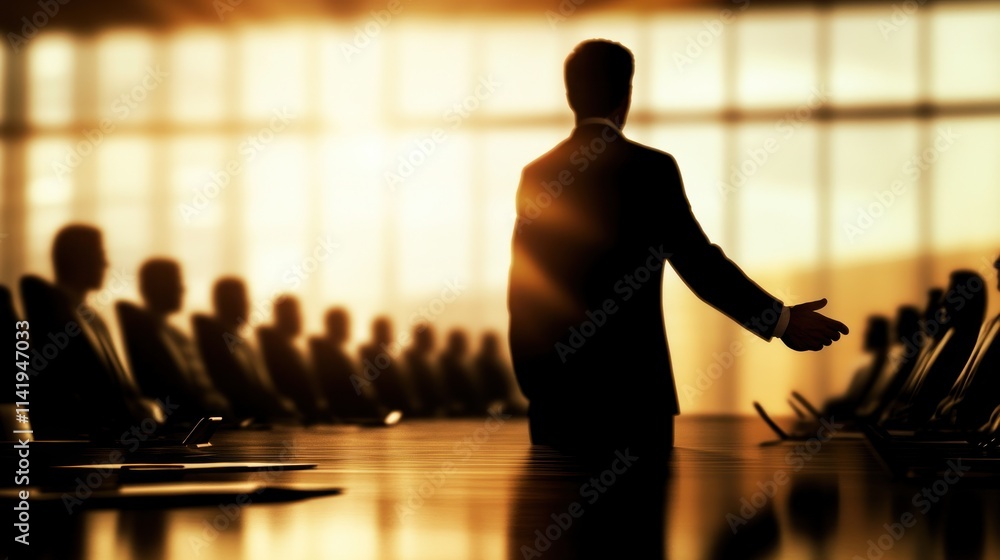 Silhouette of businessman presenting to a group in a conference room. Silhouette of businessman presenting to a group in a conference room.
