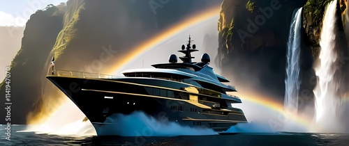 Elegant blackandgold superyacht docked near a cliffside waterfall with mist rising and rainbows forming in the tropical sunlight photo