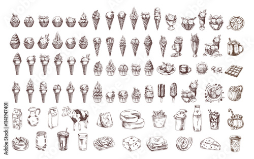 Vintage hand-drawn dairy products and ice cream food collection