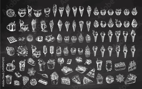 Vintage hand-drawn sweets and desserts sketch collection on chalkboard