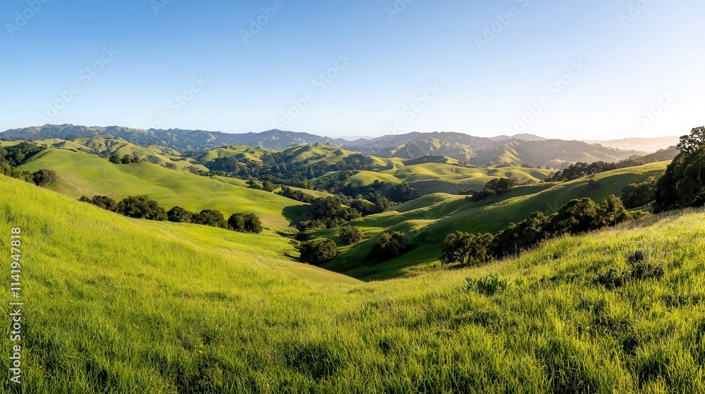Golden rolling hills with a clear blue sky, capturing the beauty of a rural landscape Golden rolling hills with a clear blue sky, capturing the beauty of a rural landscape