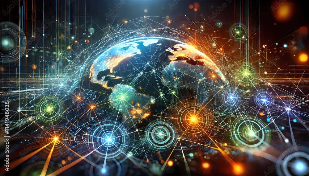 A futuristic visualization of a glowing digital network with interconnected nodes and lines, symbolizing business and technological connectivity in an abstract and dynamic style A futuristic visualization of a glowing digital network with interconnected nodes and lines, symbolizing business and technological connectivity in an abstract and dynamic style