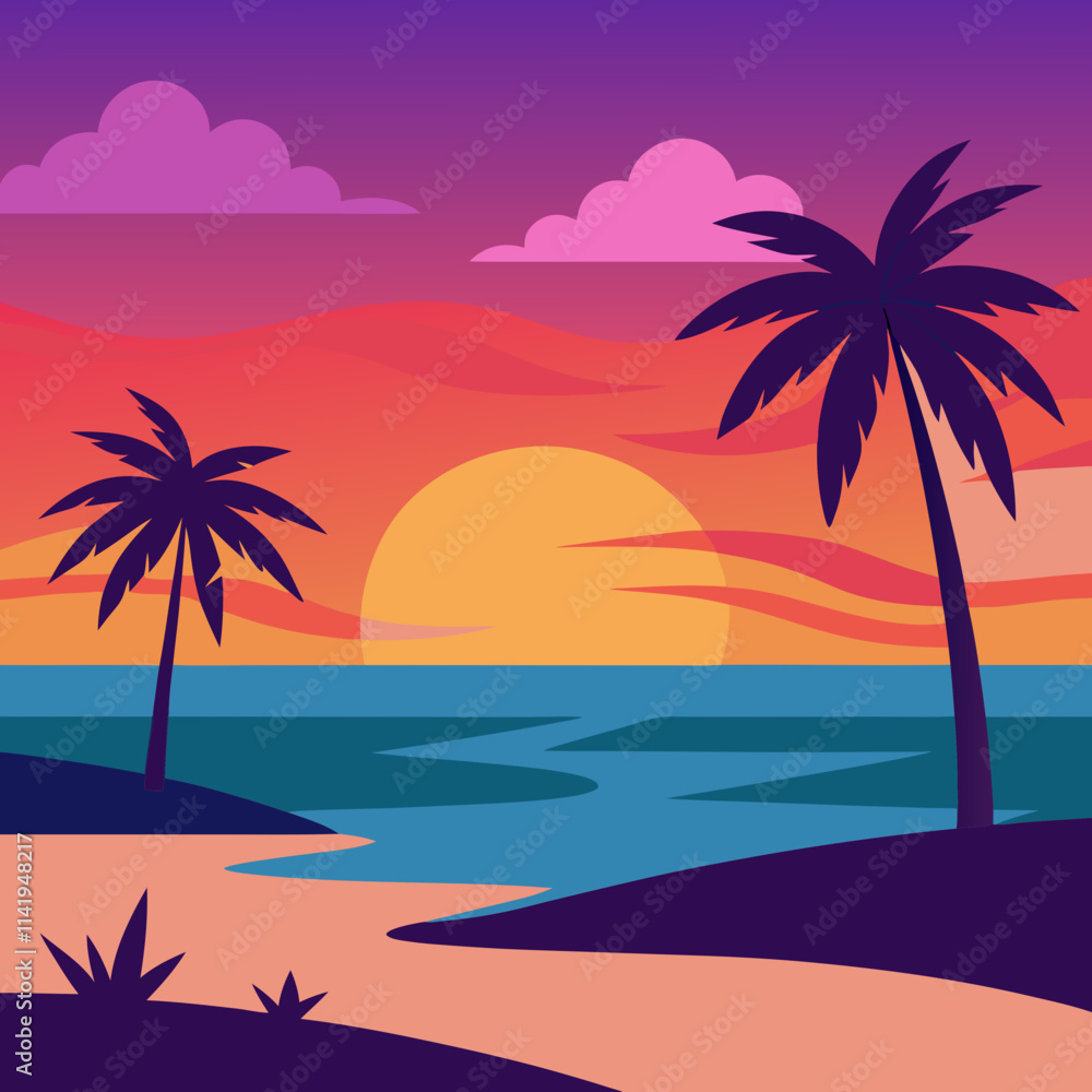 Serene Beach Sunset Scene with Swaying Palms and Reflected Ocean Waves Serene Beach Sunset Scene with Swaying Palms and Reflected Ocean Waves