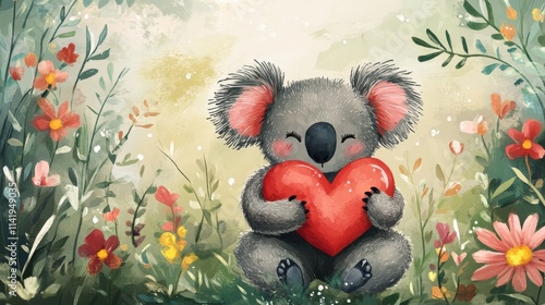 Adorable Koala Bear Holding A Red Heart In A Flower Garden photo