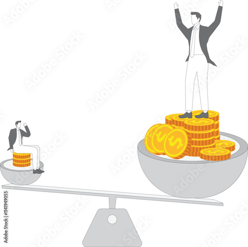 Poor businessman standing in small bowl and rich businessman standing in big bowl, huge gap between rich and poor.