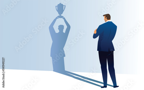 Comtemplating on business success, winner concept : Businessman looks his shadow raising a trophy cup on the wall, depicts scrutinizing on ways to race and achieve goals and win prize.