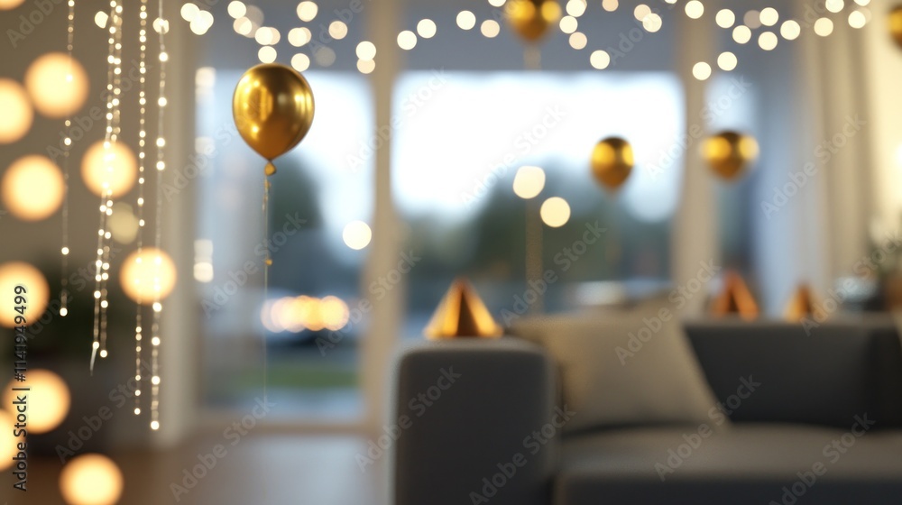 Blurred room with gold balloons and string lights, festive indoors. Blurred room with gold balloons and string lights, festive indoors.