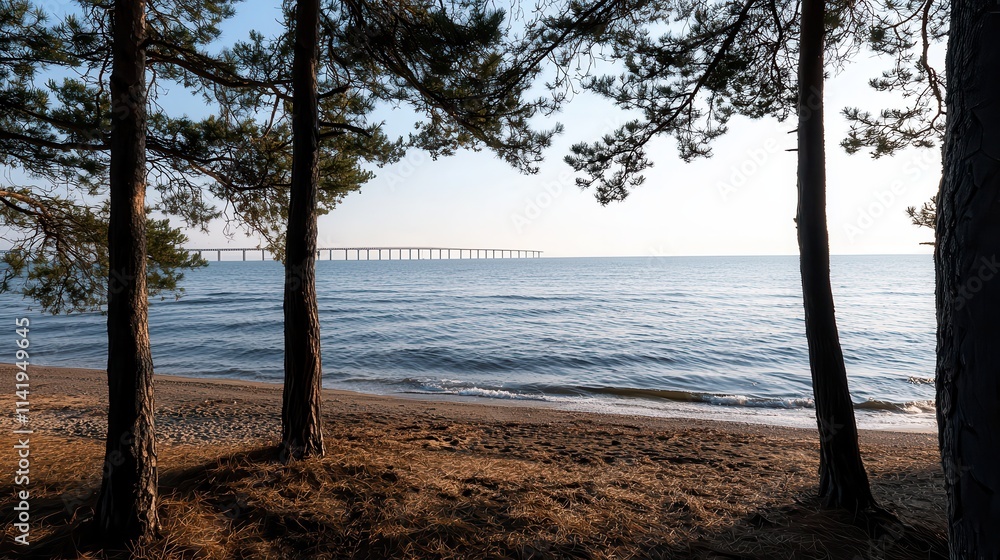 Serene coastal scene with tall pine trees framing the ocean and a distant view of a bridge Serene coastal scene with tall pine trees framing the ocean and a distant view of a bridge