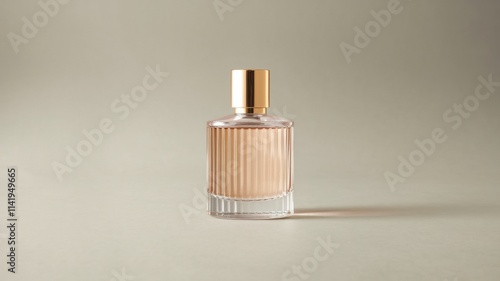 A clear glass perfume bottle with vertical lines and a gold cap sits on a neutral background. photo