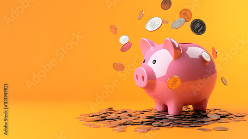 a playful pink piggy bank with coins scattered around it on a vibrant solid orange background, symbolizing abundance and smart financial planning. photo