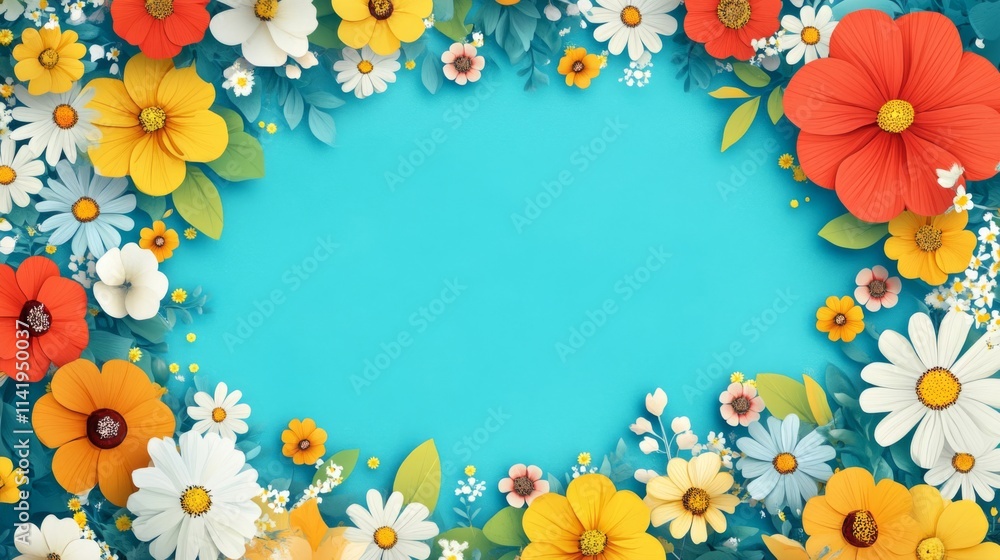Vibrant Floral Border Encircles A Turquoise Background Vibrant Floral Border Encircles A Turquoise Background