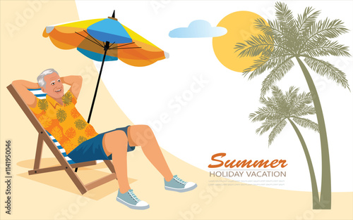 senior man relaxes on Lounge Chair, under beach umbrella at the beach summer holiday Vacation for banner, poster web design. vector