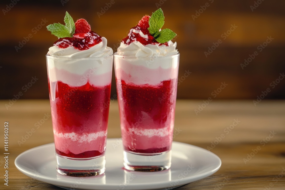 Two layered raspberry desserts in glasses with whipped cream and mint. Two layered raspberry desserts in glasses with whipped cream and mint.