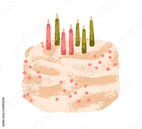 Birthday cake with candles. Festive dessert with whipped cream, vanilla frost...