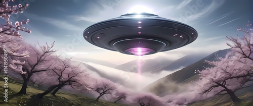 Flying saucer descending into a serene valley during springtime cherry blossoms swirling in the air around its sleek body