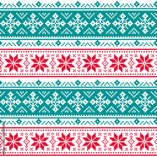 Christmas, winter green and red vector seamless pattern with snowflakes
