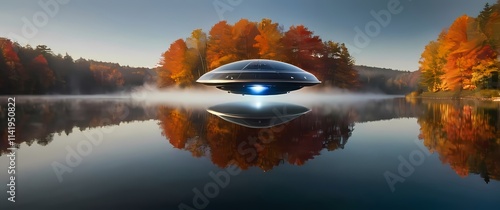 Flying saucer reflecting vibrant autumn foliage as it floats silently above a mirrorlike lake photo