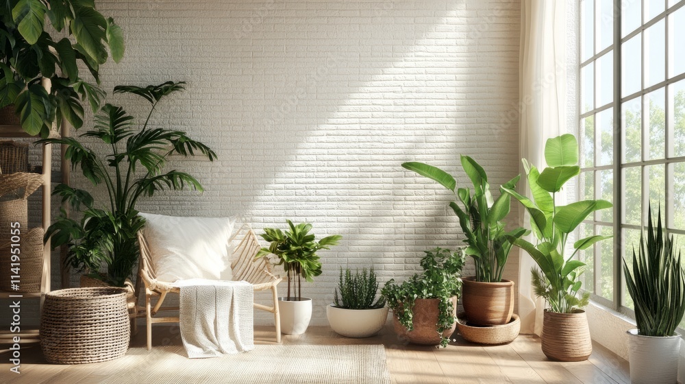 A calming interior featuring a white brick wall, natural wooden flooring, and an array of potted plants in earthy colors A calming interior featuring a white brick wall, natural wooden flooring, and an array of potted plants in earthy colors