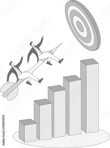 Two businessmen insert the arrow into the bullseye to complete the goal and compete together.