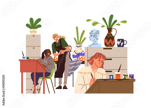 Teacher of art class teaches children painting. Talented students drawing with paint on the desk. Creative kids study in painters' school. Flat isolated vector illustration on white background