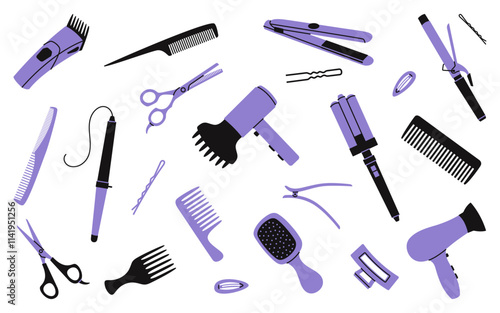 Set of hairdressing and hair styling tools, including combs, scissors, hairdryers and curling irons