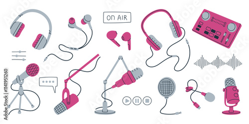 Set of illustrations of podcasting equipment, including microphones, headphones, and soundboards.