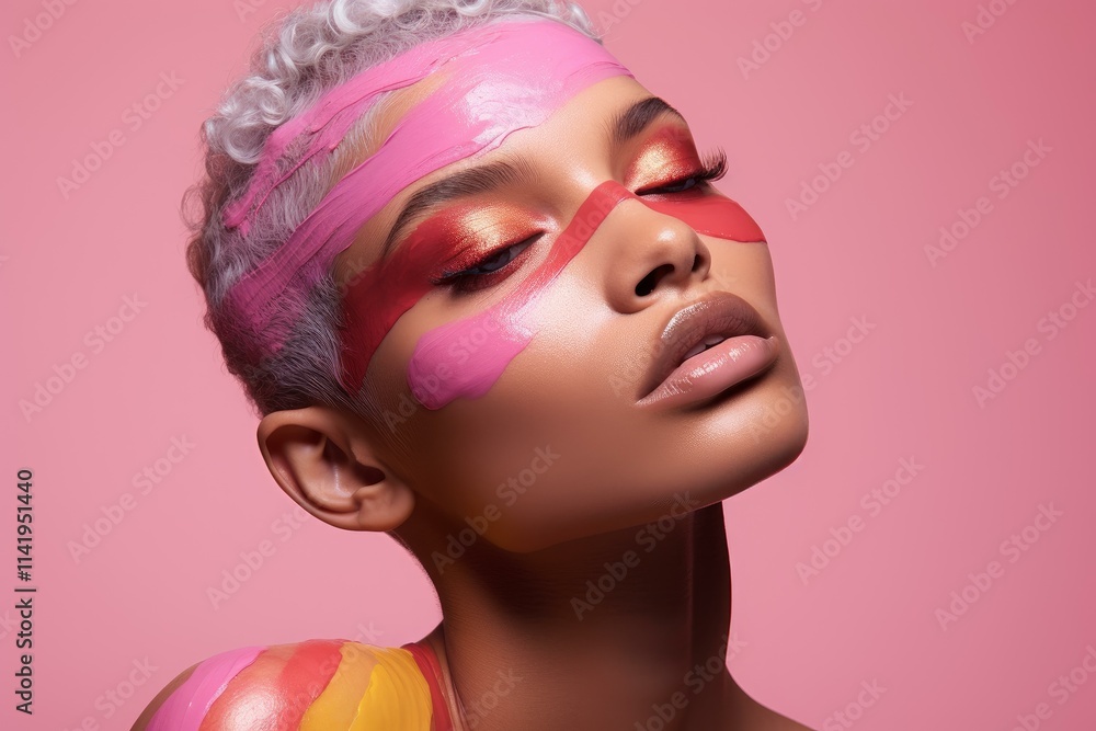 Beauty portrait of a woman with creative makeup and gray hair posing on a pink background Beauty portrait of a woman with creative makeup and gray hair posing on a pink background