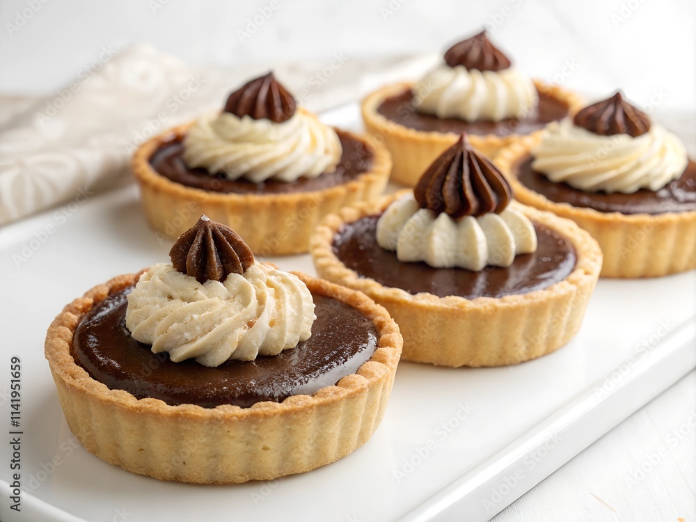 Tartlet made of shortcrust pastry, chocolate and milk cream isolated on white background Tartlet made of shortcrust pastry, chocolate and milk cream isolated on white background