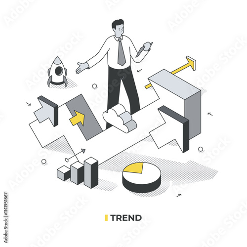 Trend Analysis. A businessman with a tablet stands behind a giant arrow, amazed by a major trend. Smaller arrows, a rocket, pie, and bar charts highlight the trend's discovery, strength, and growth
