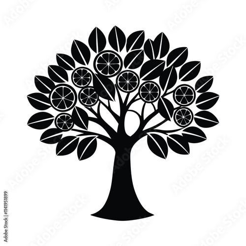 vector of Lime Tree (Citrus aurantiifolia) design, labeled vector art, linocut silhouette illustration.