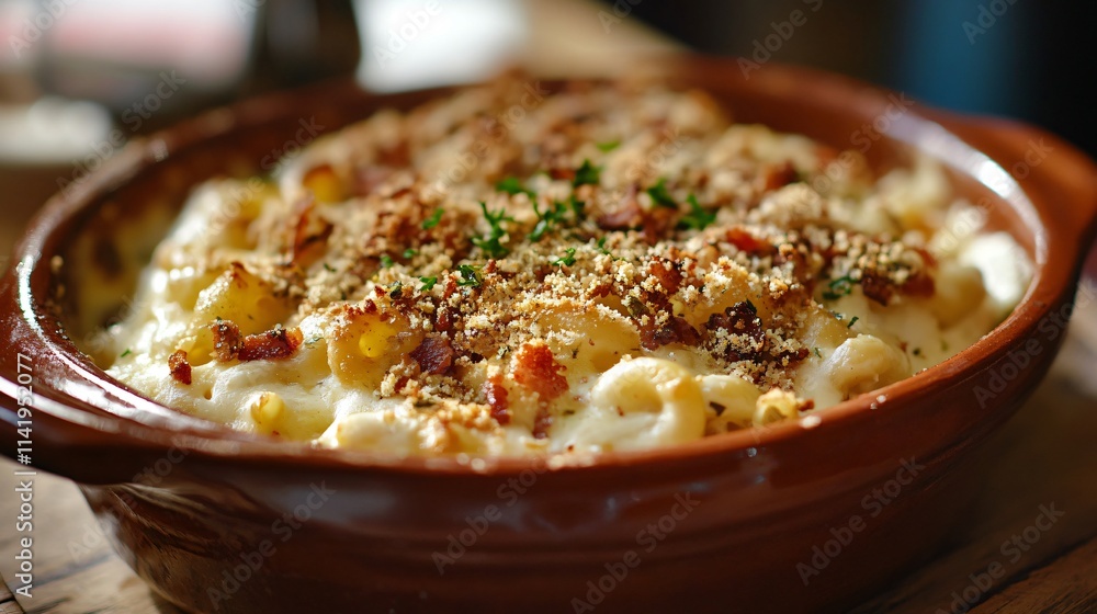Bacon crumbles mixed into creamy mac and cheese, served in a rustic ceramic dish Bacon crumbles mixed into creamy mac and cheese, served in a rustic ceramic dish