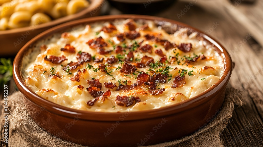 Bacon crumbles mixed into creamy mac and cheese, served in a rustic ceramic dish Bacon crumbles mixed into creamy mac and cheese, served in a rustic ceramic dish