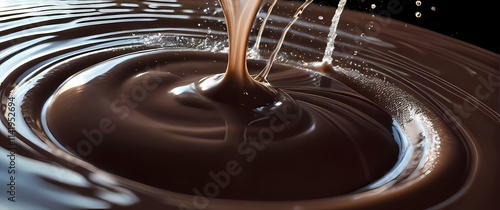 Hot chocolate drop splashing into a smooth pool with delicate foam and swirling patterns forming around the point of impact photo