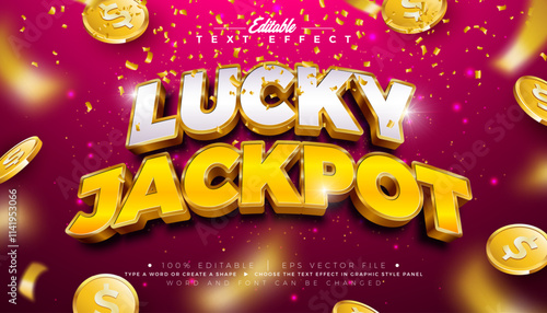 Lucky Jackpot 3D Text Effect Design Editable and Scalable Vector Graphic Style Effect with Shadow and Gold White Typography Lettering, Casino Coin and Falling Confetti on Red Background. Premium