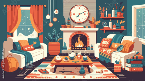 Cozy Winter Moments Warm interiors with blankets, hot drinks, books, and fireplaces
